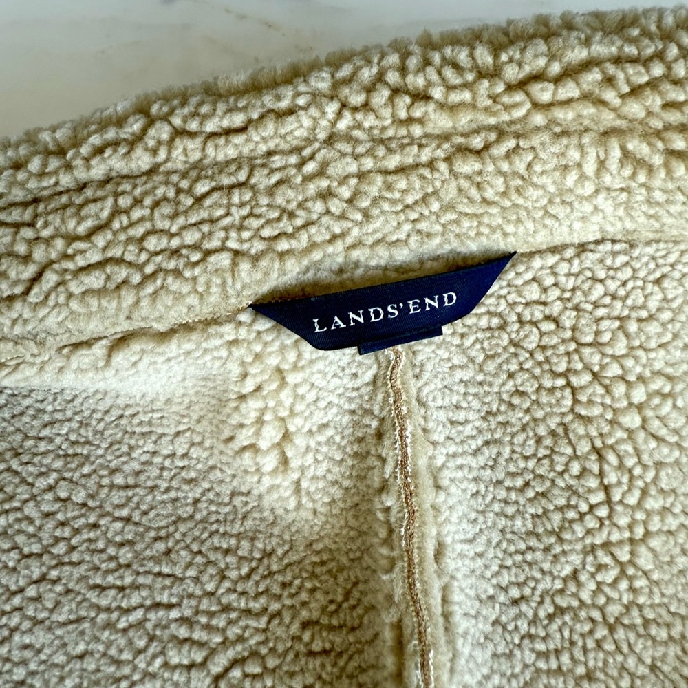 Women's Suede Sherpa Coat Jacket Lands End Cream FAUX Shearling Pea Coat Size L - Picture 6 of 16